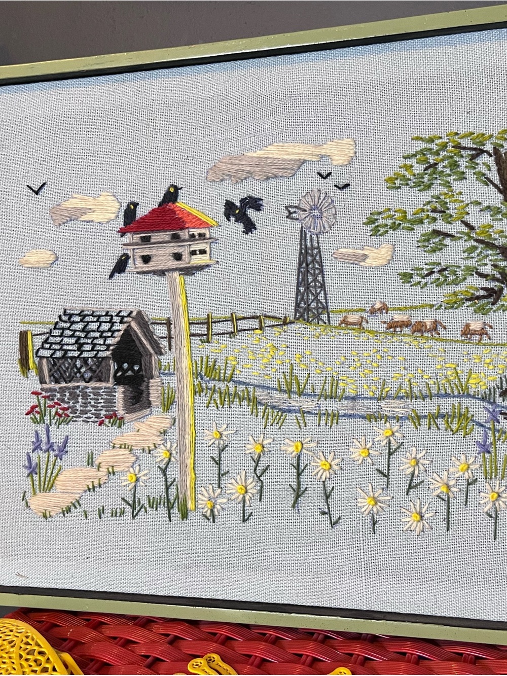 Embroidered Country Meadow Wall Art - Yellow, Red & Green